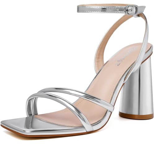 RIBONGZ Silver Strappy High Heels for Women Heeled Sandals Square Open Toe Ankle Strap Chunky Wedding Bridal Shoes Block Prom High Heels for Party Dress 7 | Amazon (US)