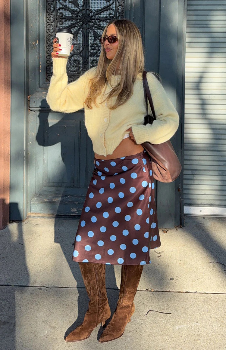 Charlize Brown and Blue Polka Dot Midi Skirt | Beginning Boutique (AU)