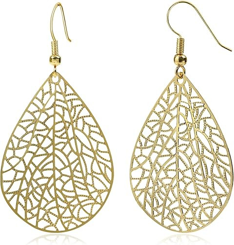14K Gold Plated Silver Rose Gold Teardrop Filigree Dangle Earrings Lightweight Leaf Drop Earrings... | Amazon (US)