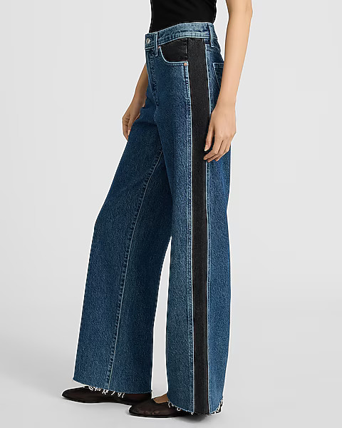 High Waisted Dark Wash Side Stripe Raw Hem Wide Leg Jeans | Express