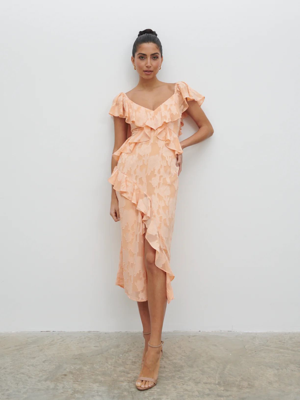 Eloise Ruffle Midaxi Dress - Apricot | Pretty Lavish (UK)
