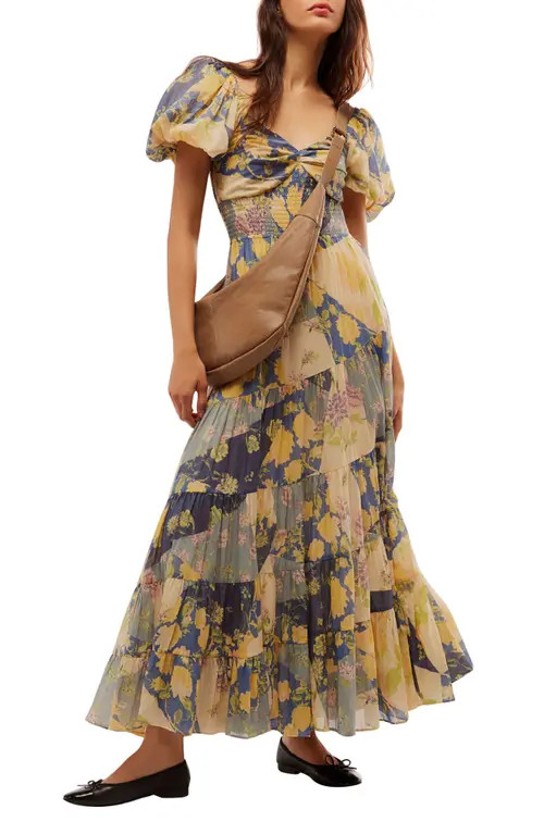 Free People Sundrenched Floral Tiered Maxi Sundress in Blue Combo Option 2 at Nordstrom, Size Large | Nordstrom