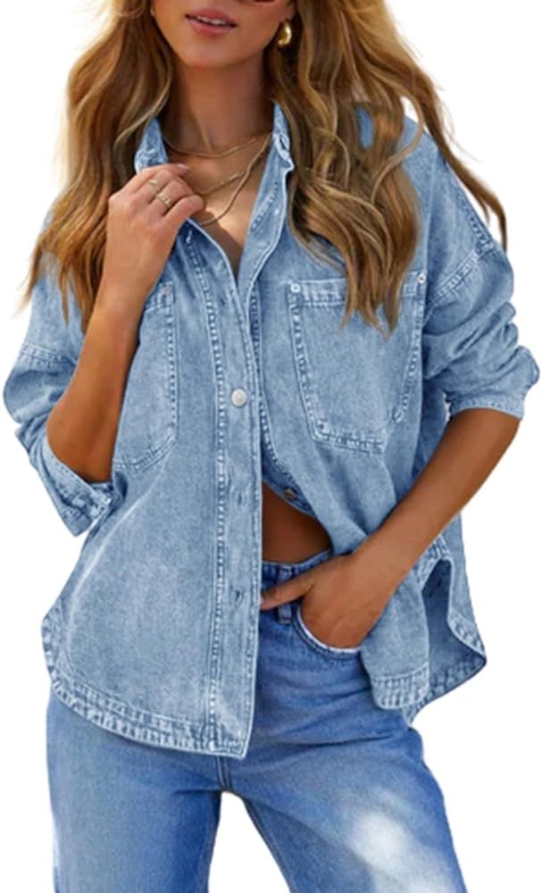 PLNOTME Women's Oversized Denim Jacket Long Sleeve Vintage Button Down Boyfriend Jean Jacket | Amazon (US)
