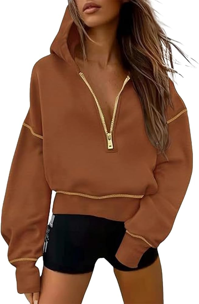Fashion Hooded Sweatshirts for Women Quater Zipper Long Sleeve Cropped Hoodies Color Block Y2k Cu... | Amazon (US)