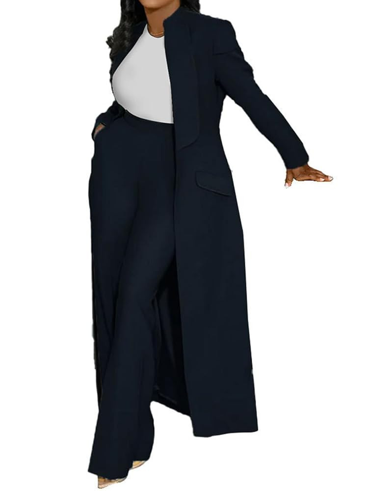 Famnbro Womens Suits 2 Piece Set Long Blazers Jacket Lapel and Straight Leg Pants Business Outfit... | Amazon (US)