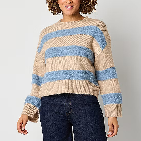 a.n.a Womens Crew Neck Long Sleeve Striped Pullover Sweater | JCPenney