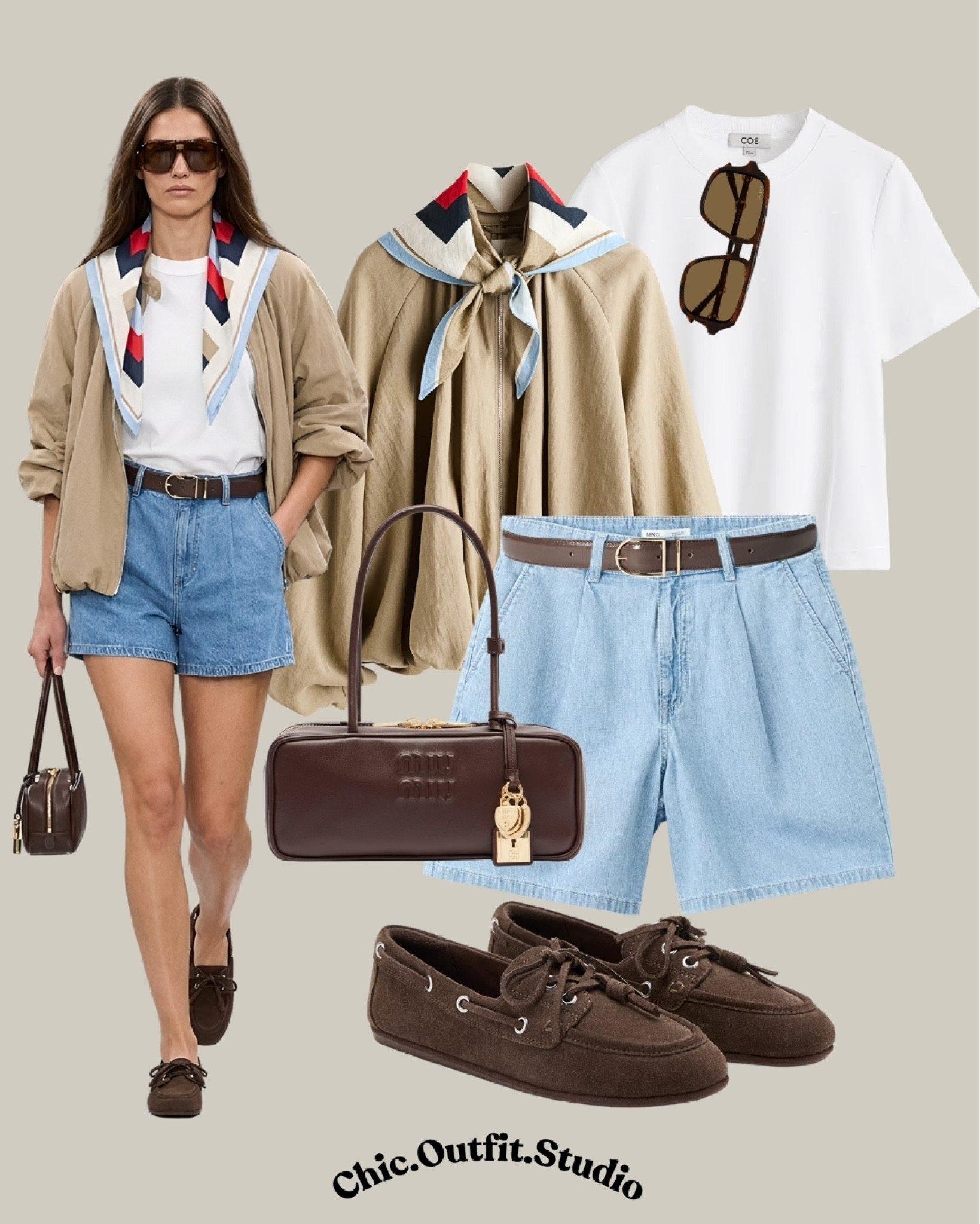 💫Beige Scarf Jacket & Denim Shorts Spring Outfit
 💫 A beige light scarf-detail bubble hem jacket styled with light wash denim shorts creates the perfect elevated spring-to-summer outfit with a refined European feel. The soft neutral tones paired with rich chocolate brown suede loafers and a structured Miu Miu leather bag make this look feel polished yet effortless. A crisp white cotton tee keeps the outfit fresh and timeless while the scarf detail adds a chic fashion-forward touch. 
💫Perfect for city strolls, brunch dates, travel days, coffee runs, shopping afternoons, or casual smart everyday wear. The mix of beige, white, light blue denim, and deep espresso accessories creates a sophisticated quiet luxury aesthetic that feels classic, feminine, and modern.
💫Tags: beige jacket outfit women, chaqueta con fular outfit, bubble hem jacket outfit, denim shorts outfit women, light wash denim shorts, spring summer chic outfit, European casual style, quiet luxury outfit women, Miu Miu bag outfit, suede loafers outfit, neutral outfit aesthetic, elevated everyday style, classy casual outfit women, smart casual spring outfit, polished weekend outfit, old money casual style, minimalist chic fashion, Scandinavian inspired outfit, casual luxury women style, beige and denim outfit




#LTKjeans #LTKspring #LTKsummer