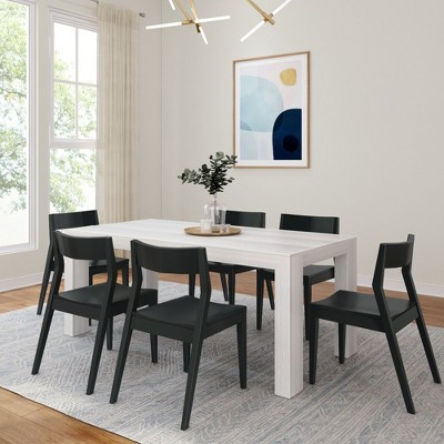 Plank+Beam 72" Modern Solid Wood Dining Table Set with 6 Chairs, White Wirebrush, Black | Target