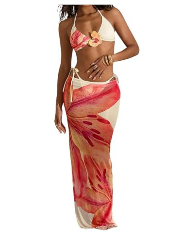 MakeMeChic Women's 3 Piece Zebra Cheetah Bikini Sets Polka Dots Strapless Bathing Suit with Swimsuit Coverup Flower Yellow Orange Small | Amazon (US)