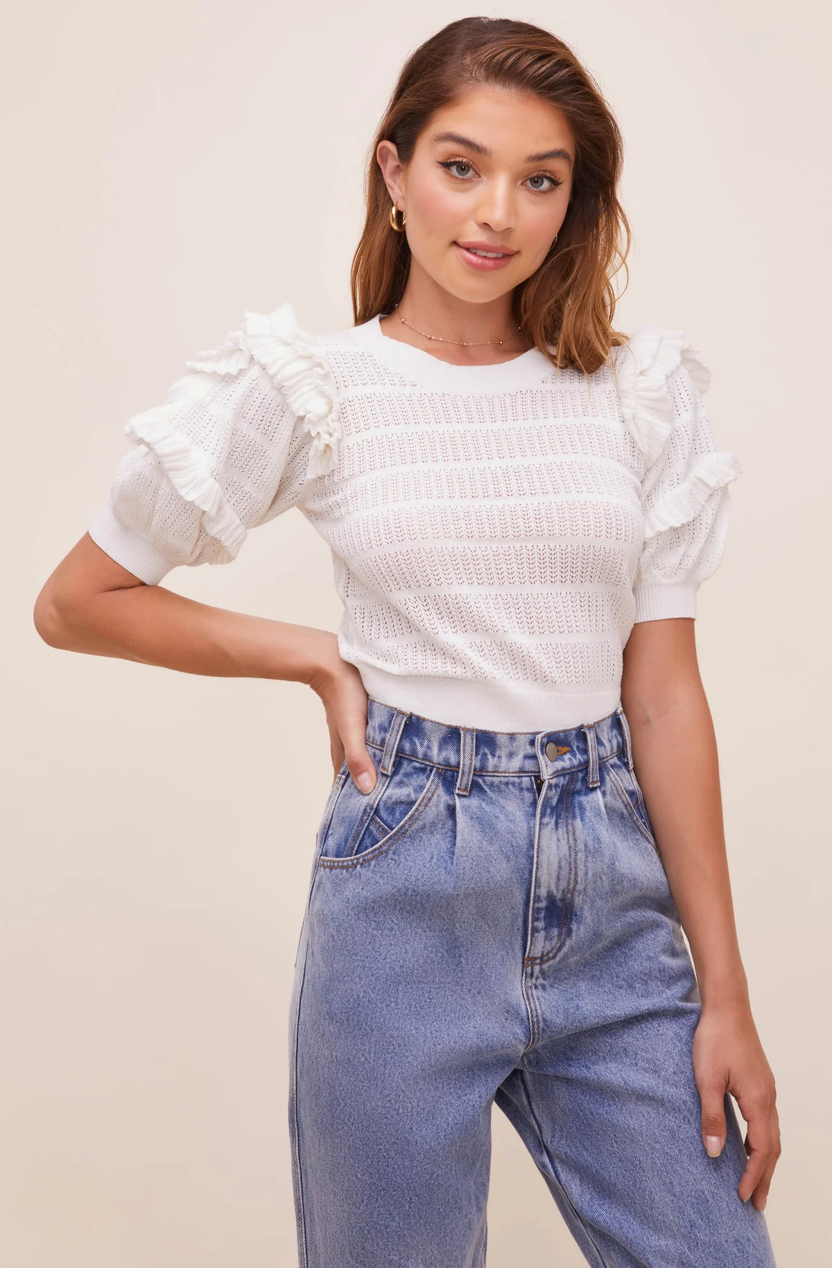 Sonora Pointelle Puff Sleeve Sweater | ASTR The Label (US)