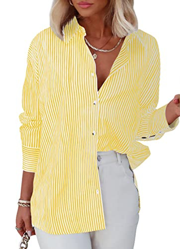 Diosun Womens Striped Button Down Shirts Classic Long Sleeve Stylish Collared Office Work Blouses Tops (Small, Yellow) | Amazon (US)