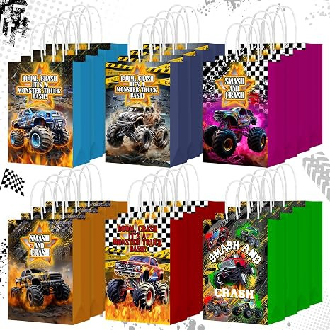 Kolldenn 24 Pcs Monsters Truck Party Favor Bags Truck Theme Gift Goodie Paper Bags with Handles R... | Amazon (US)