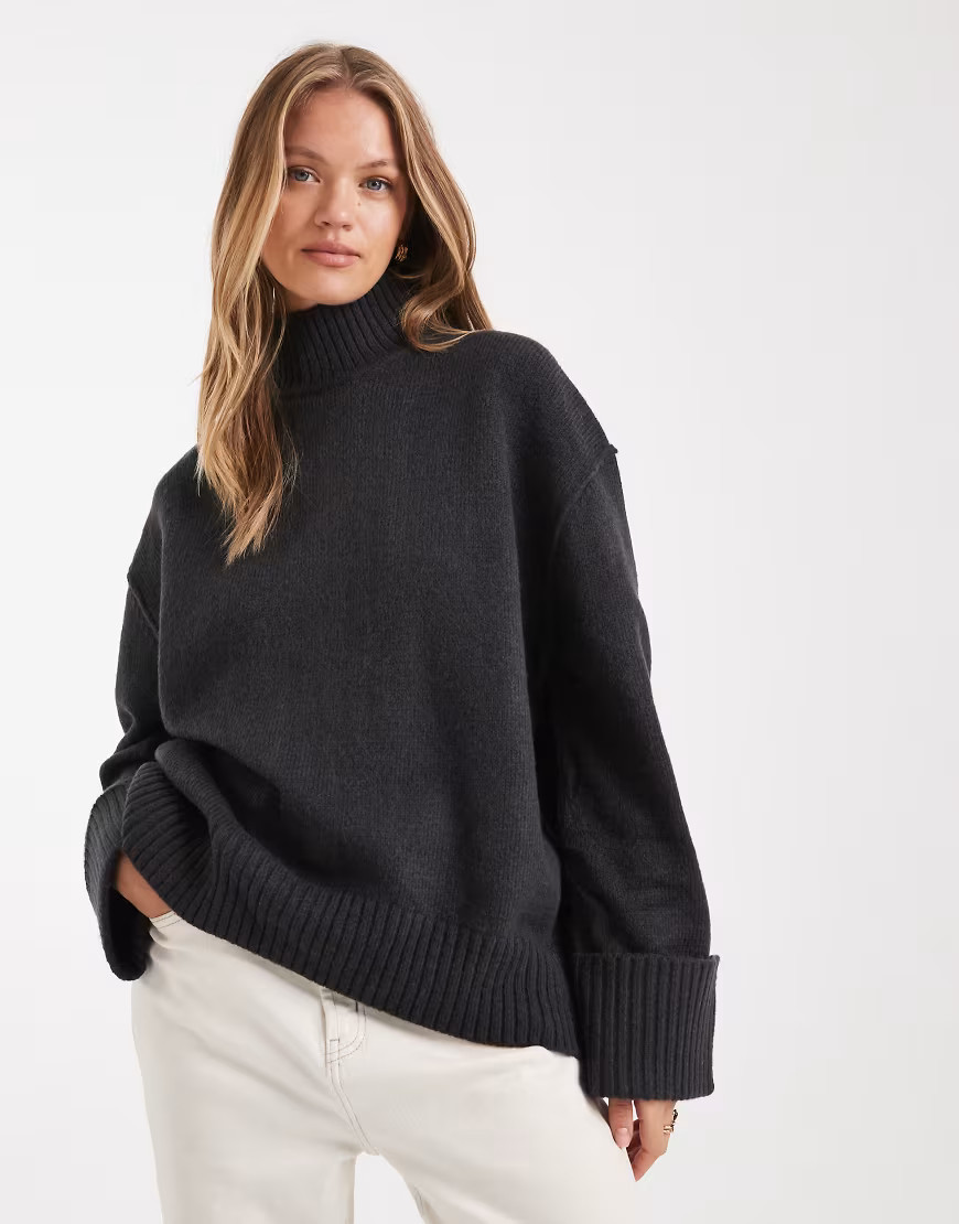 ASOS DESIGN oversized funnel neck jumper with curved hem in slate-Navy | ASOS (Global)