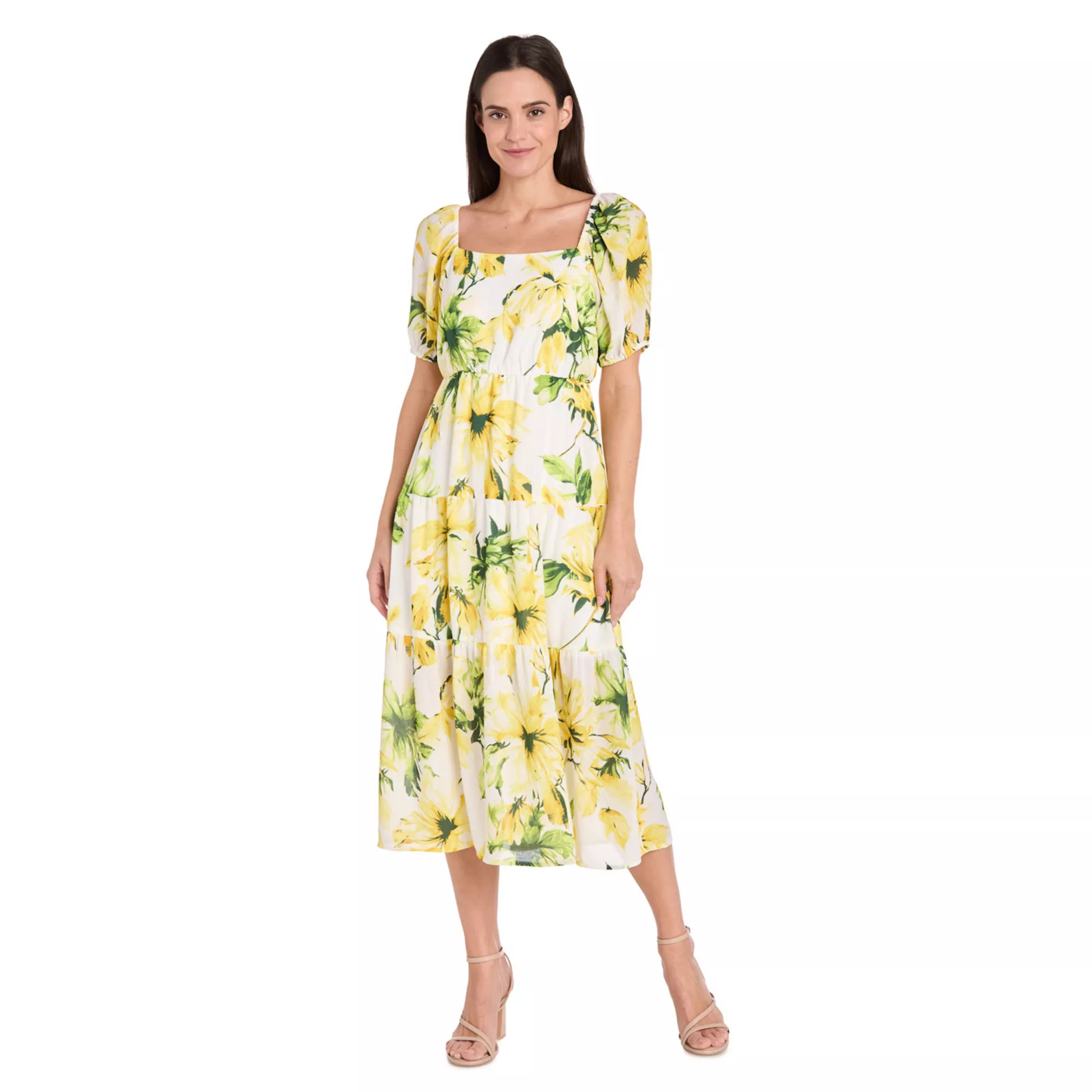 Women's R&M Richards Floral 3-Tiered Puff Sleeve Skirt Dress | Kohl's