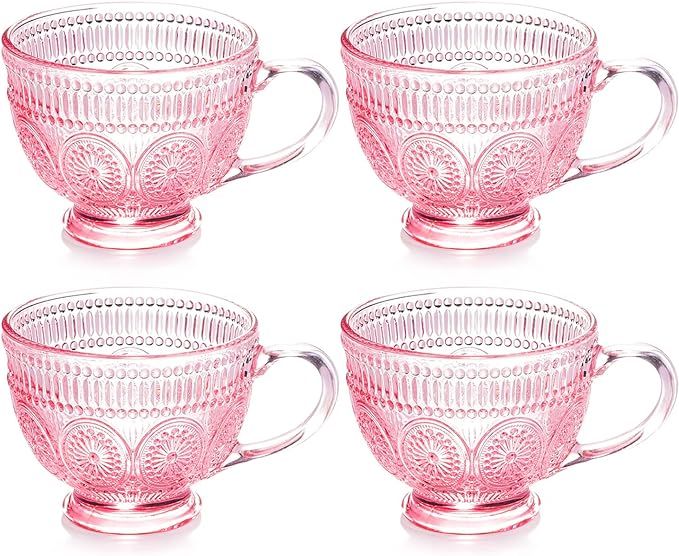 Vintage 4 Pack Glass Coffee Mugs with Handle-14 oz Pink Embossed Glass Cups for Cappccino, Latte,... | Amazon (US)