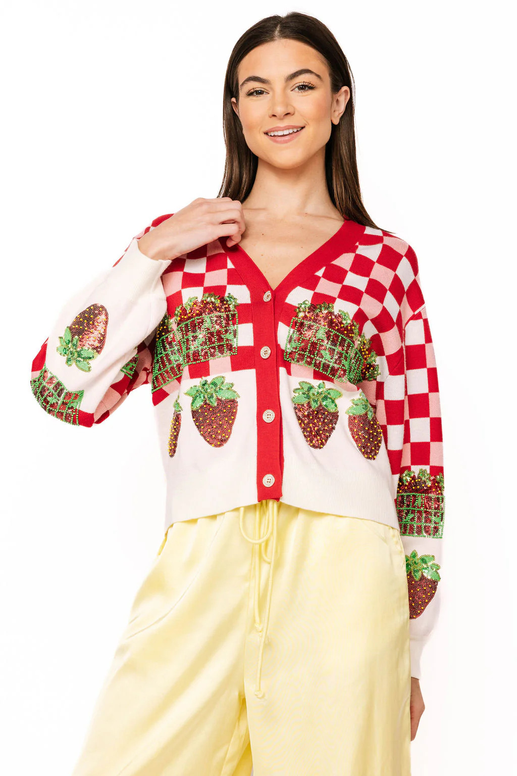 Red & White Checkered Strawberry Button Up Cardigan | Queen of Sparkles