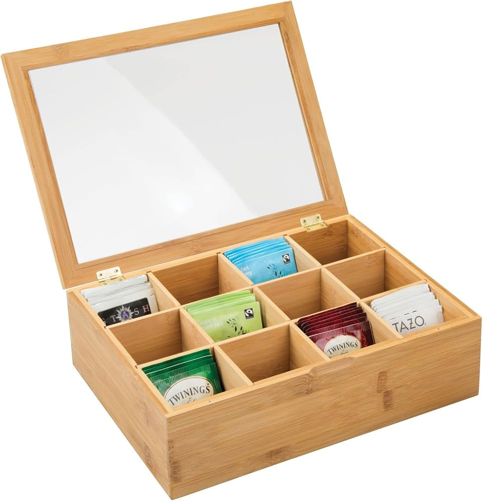 mDesign Bamboo Tea Storage Organizer Box - 12 Divided Sections, Hinged Lid with Easy View Clear W... | Amazon (US)