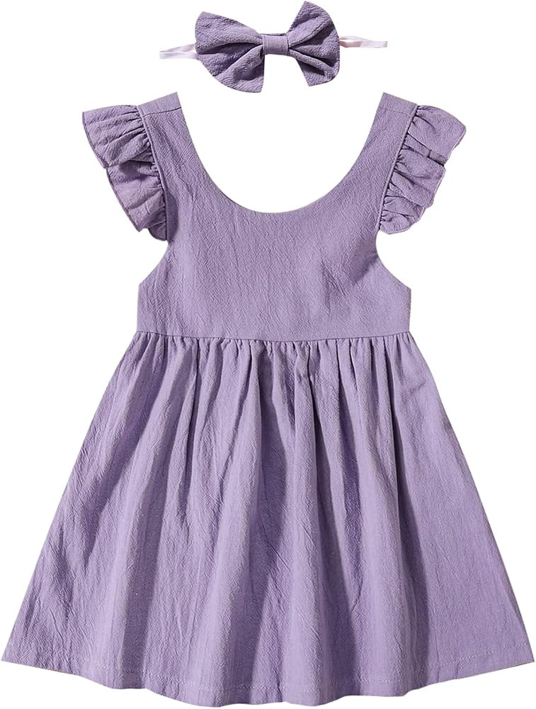 Toddler Baby Girl Cotton Linen Dress Ruffle Fly Sleeve Backless Dress Kids Summer Beach Party Dre... | Amazon (UK)