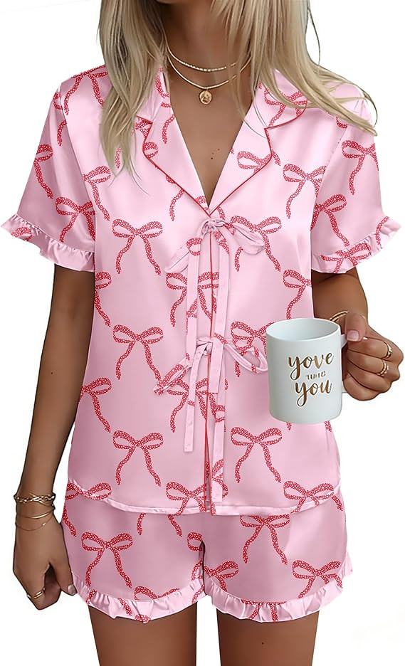 Ekouaer Satin Pajama for Women Short Sleeve Silky Pj Short Set Bow Front Tie Up Loungewear Sleepw... | Amazon (US)