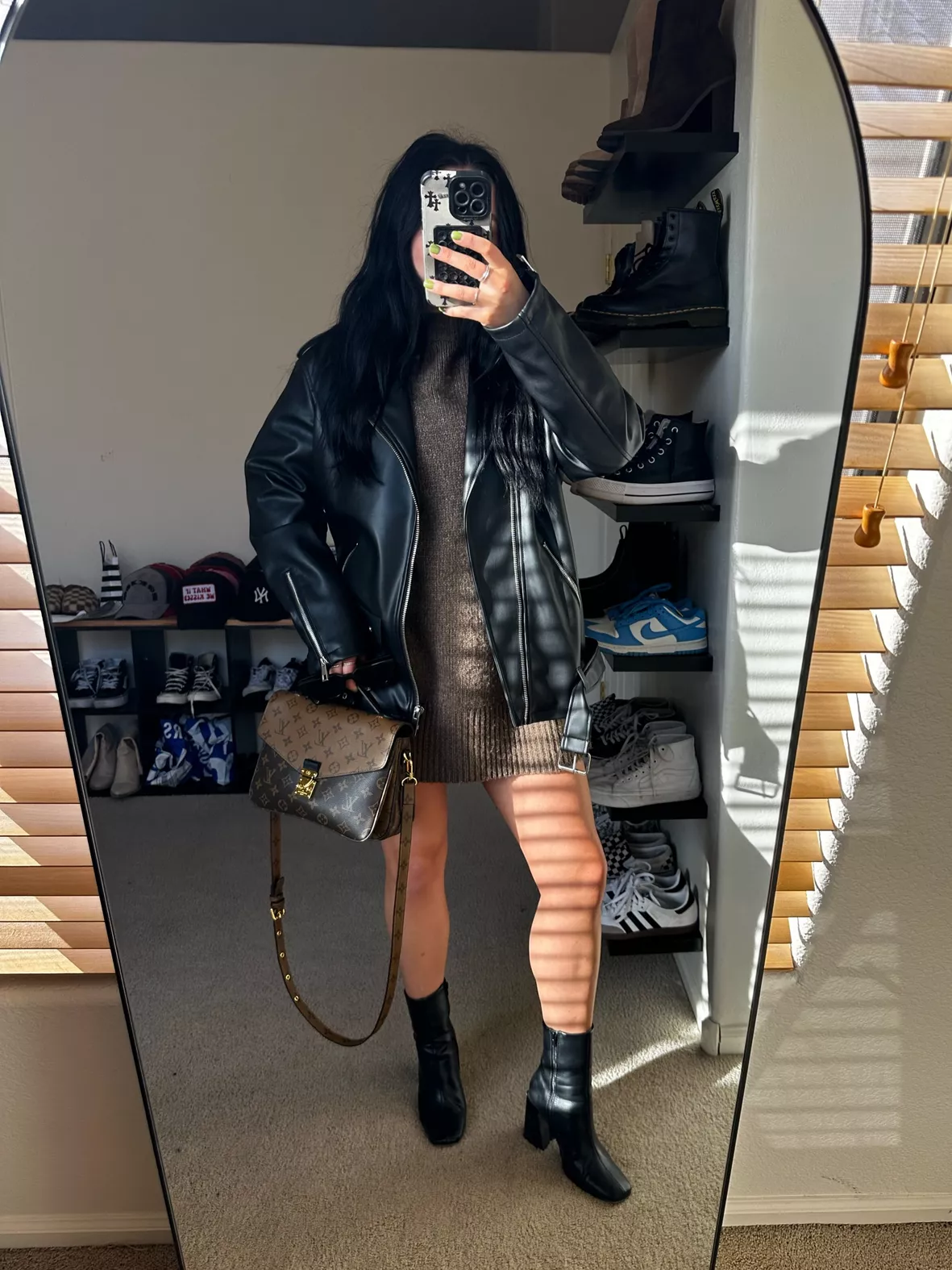 Womens Petite Black Leather Hooded Jacket