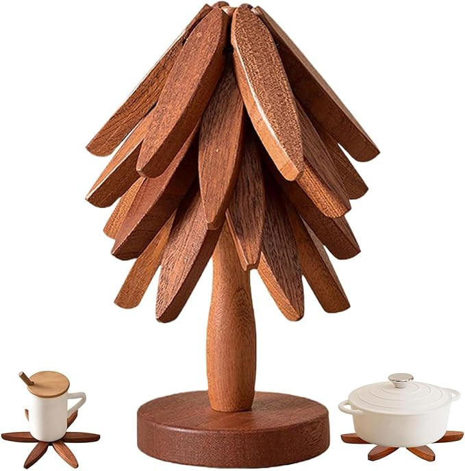 Wooden Tree Trivets for Hot Dishes - Set of 4 with Stand, Natural Foldable Kitchen Trivets for Po... | Amazon (US)