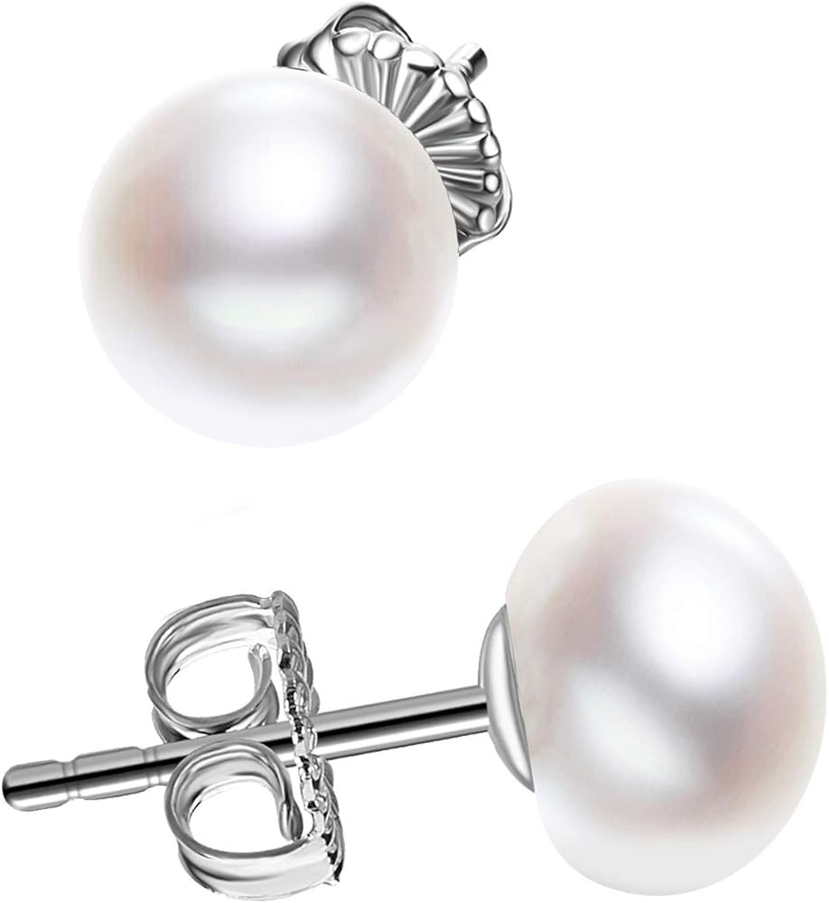 JORA Sterling Silver White Button Freshwater Cultured Pearl Stud Earrings for Women Gift | Amazon (US)