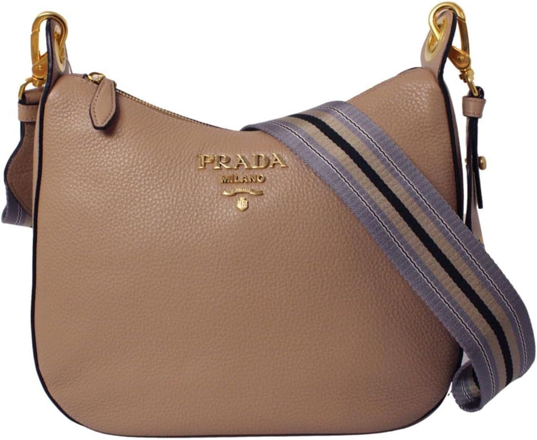 Prada Vitello Daino Tan Leather Shoulder Handbag with Silver and Blue Nylon Web Striped Strap 1BC... | Amazon (US)