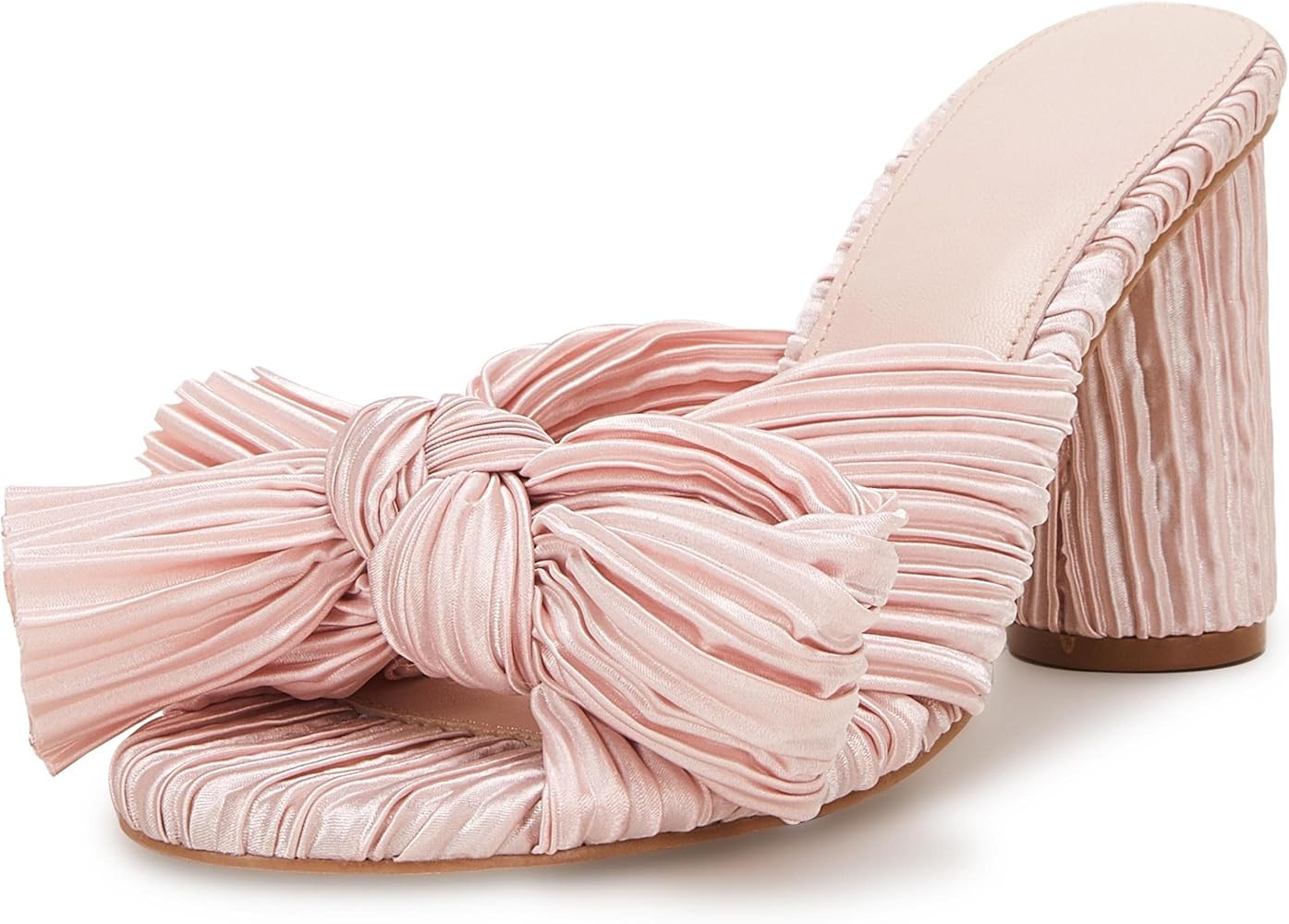 Women's Pleated Bow Knot Heeled Sandals Comfortable Slip On Open Toe Block Chunky Heel Slides Bridal | Amazon (US)