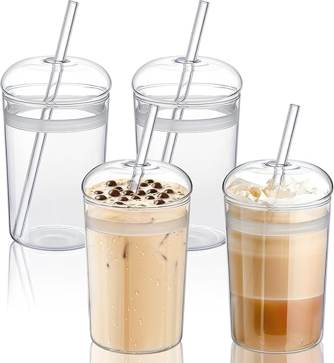 4 Set Iced Coffee Cups with Lids and Straws 16 oz Clear Glass Cups with Dome Lids Reusable Tumble... | Amazon (US)