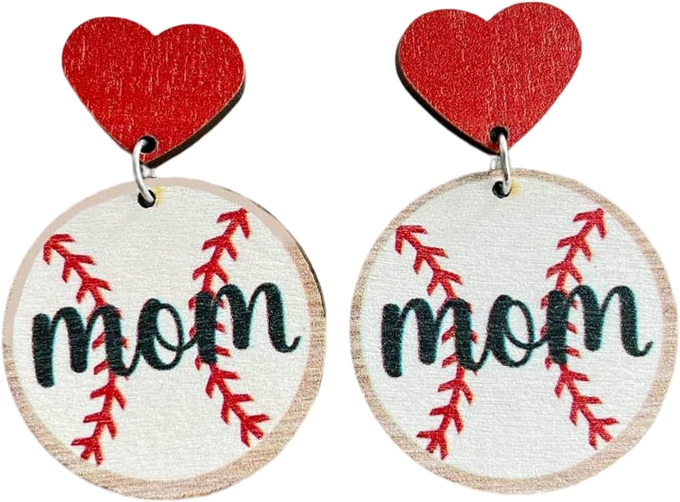 Mother's Day MAMA Wooden Sports Ball Earrings Retro Lightweight Basketball Volleyball Baseball Fo... | Amazon (US)