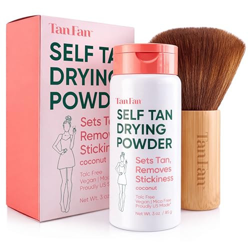 Tan Fan Self Tan Drying Powder Kit - Eliminates Sticky Self Tanner Feel -100% Vegan Natural Talc-Free Light w XL Soft Body Brush To Set Sunless Tanner For Smooth Silky Skin - Coconut 3oz USA Made | Amazon (US)