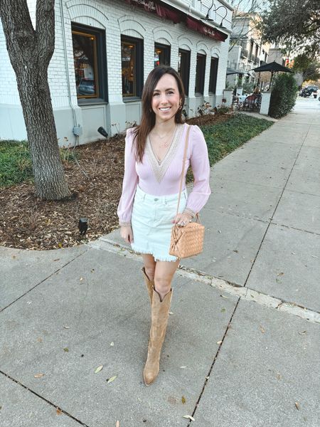 Valentine’s Day outfit - Amazon bodysuit, denim skirt, suede knee high boots, Kendra Scott jewelry 




#LTKSeasonal #LTKfindsunder100 #LTKfindsunder50