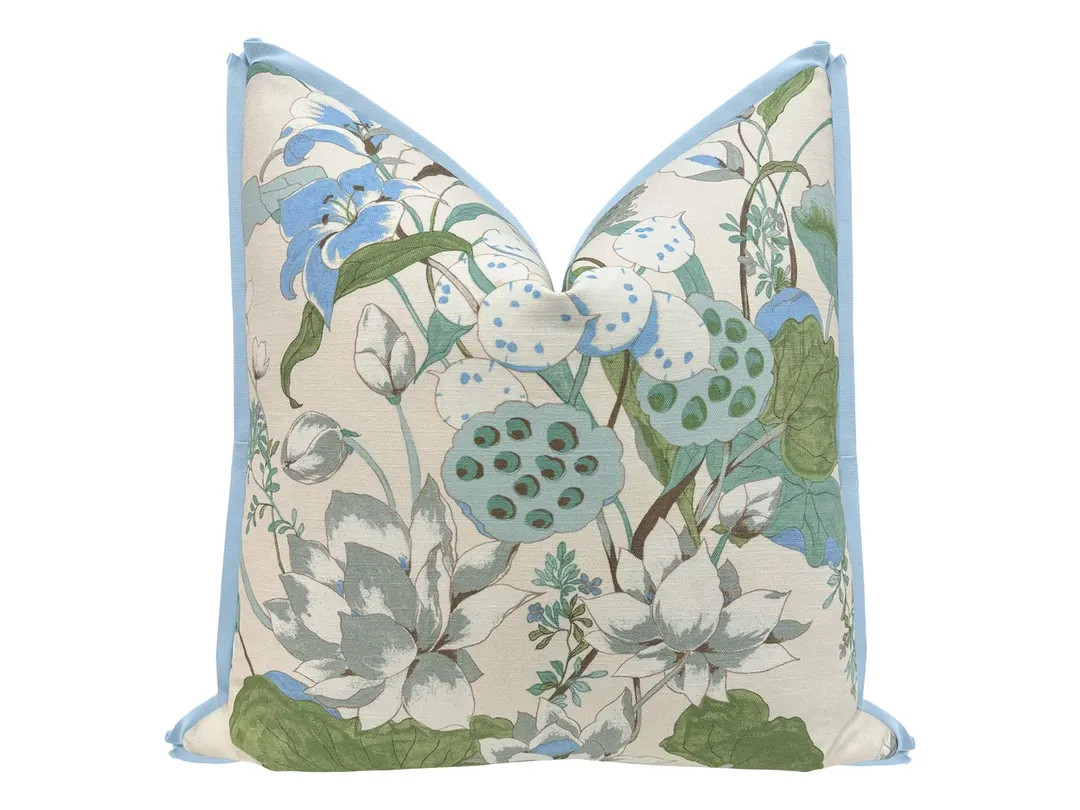 Waterlily // Powder Blue With Butterfly Flange | Floral Print | Floral Throw Pillow | - Etsy | Etsy (US)
