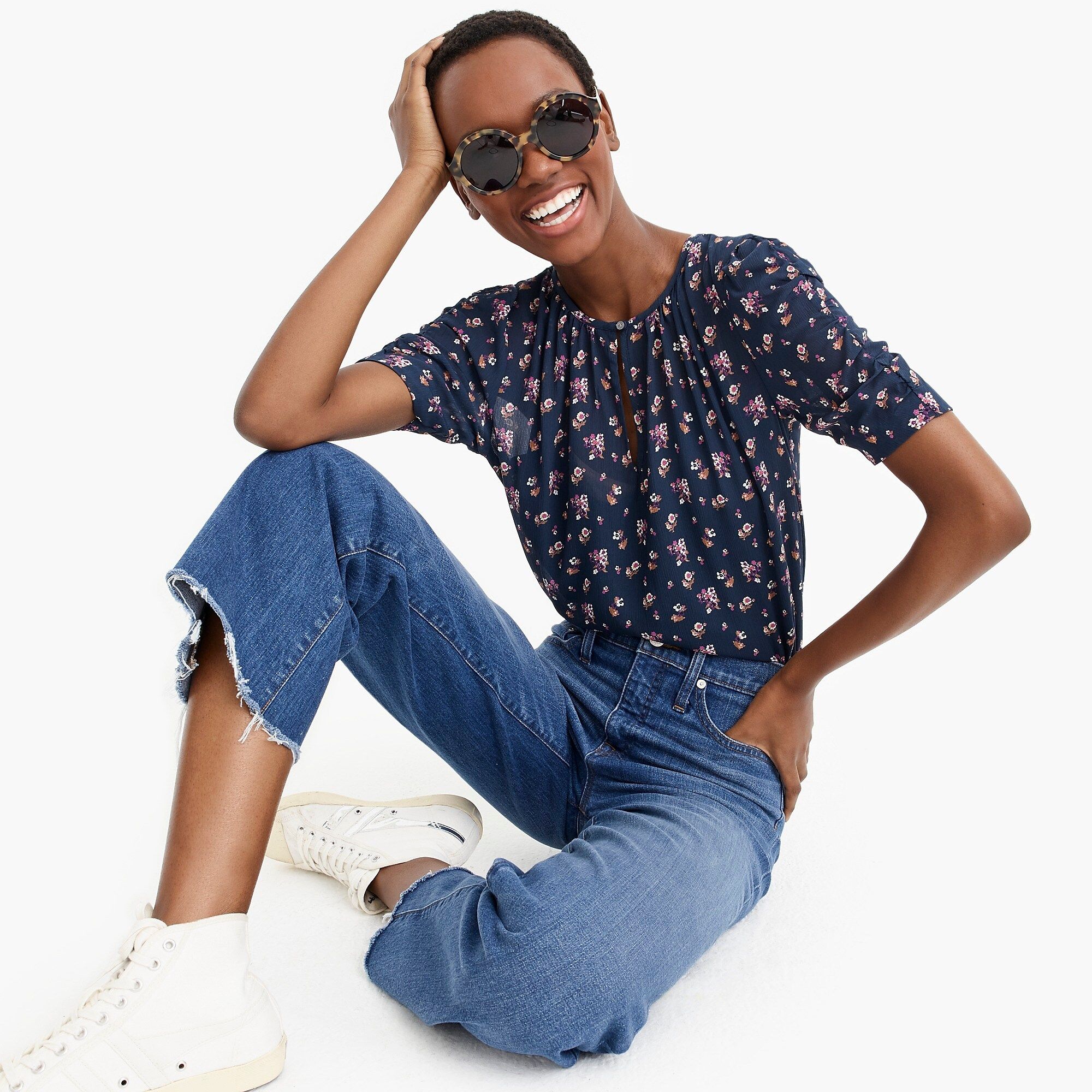Ruched-sleeve top in ditsy floral | J.Crew US
