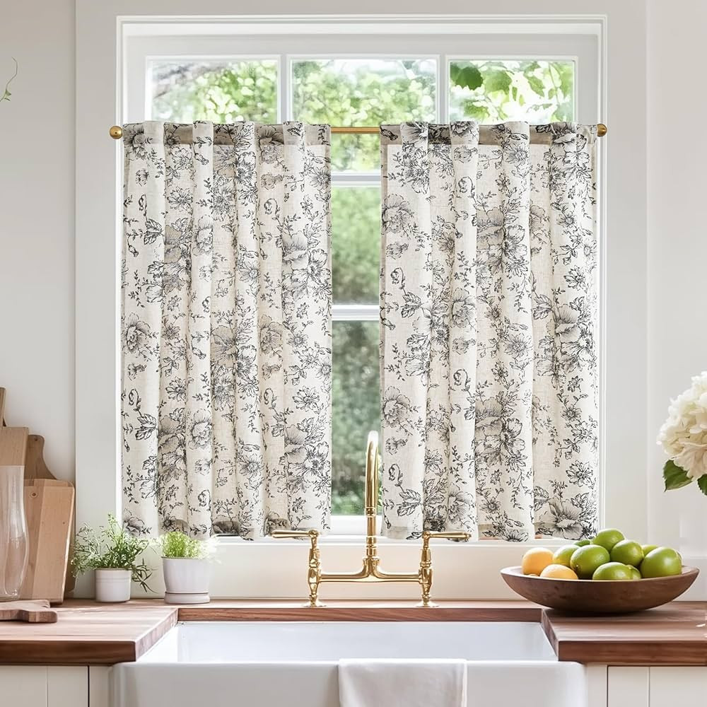 jinchan Linen Floral Tier Curtains 36 Inch Farmhouse Botanic Cafe Curtains Light Filtering Drapes... | Amazon (US)