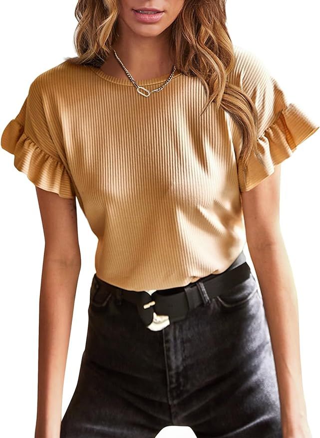 EVALESS Womens Short Sleeve Casual Basic T Shirts Summer Ruffle Plain Round Neck Knit Loose Fit T... | Amazon (US)