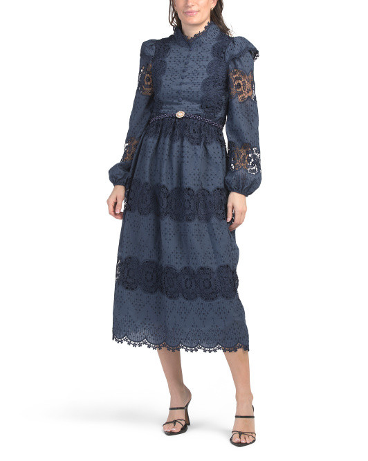 Long Sleeve Lace Trim Pearl Belt Dress | TJ Maxx