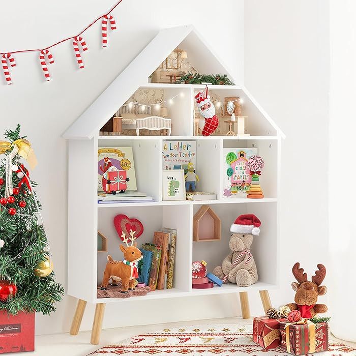 Curipeer Kids Dollhouse Bookshelf and Baby Storage - Wooden Stand Dollhouse Bookcase with 4-Tier ... | Amazon (US)