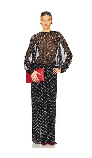 The Sabrina Dress in Printed Silk Chiffon in Black & Ivory Dot | Revolve Clothing (Global)