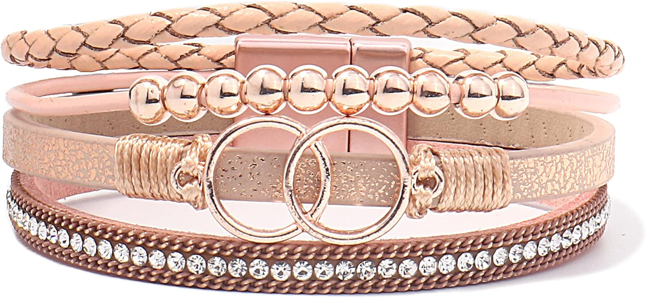 FANCY SHINY Boho Wrap Bracelets Leather Cuff Bangle Gold Beaded Bracelets for Women Stackable Inf... | Amazon (US)