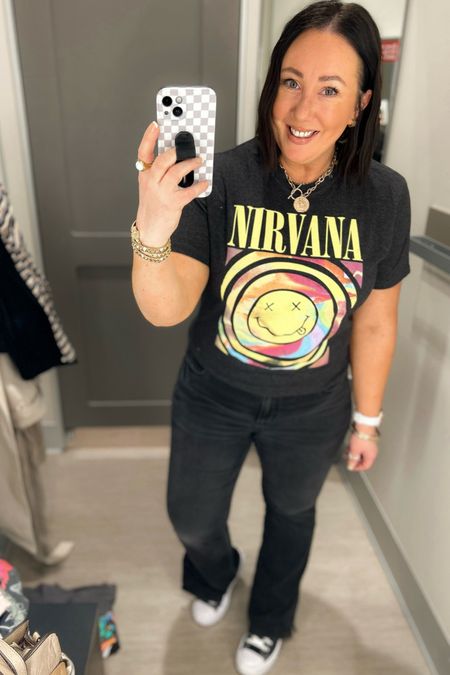 Graphic tee haul at Target!  Love the colors on this Nirvana tee!  XL in this one. Size up one. Size 14 jeans. Linked an updated pair too  

#LTKmidsize #LTKSeasonal #LTKfindsunder50