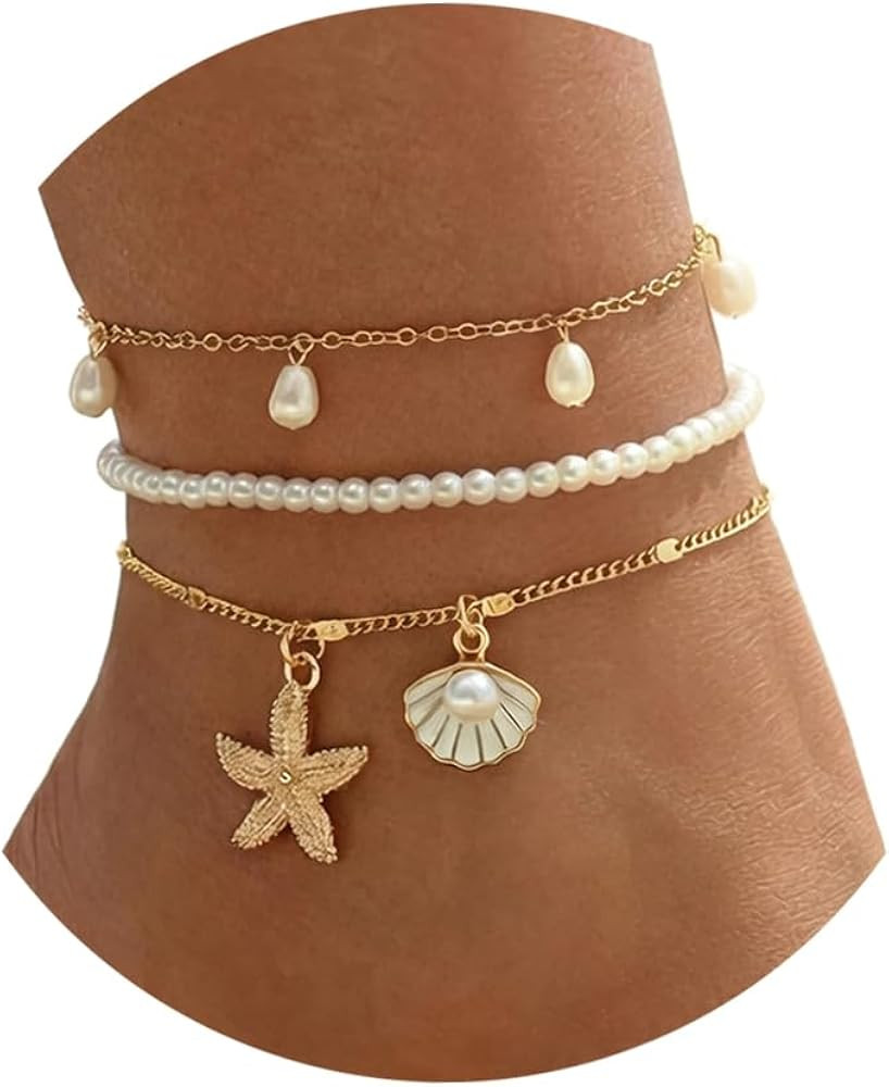 Fesciory Shell Ankle Bracelets for Women, Gold Plated Boho Anklet Set with Pearl Beads Starfish C... | Amazon (US)