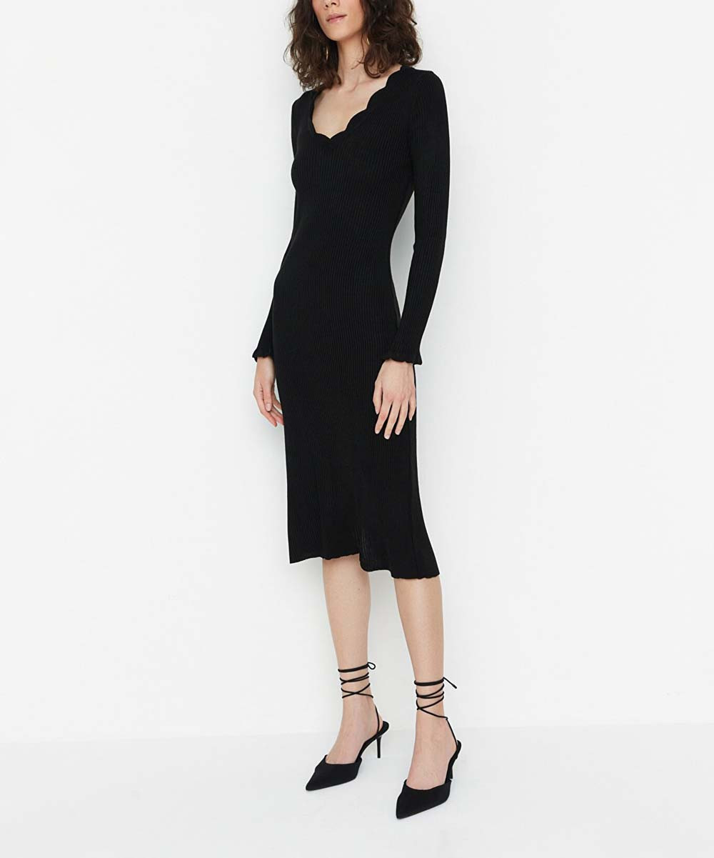 Black Scallop-Neckline Bodycon Sweater Dress - Women | Zulily