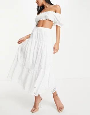 French Connection cotton tiered maxi skirt in white embroidery - WHITE | ASOS (Global)