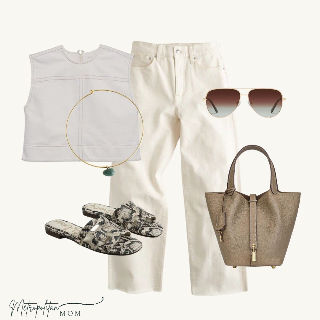 Brunch ready with all denim… but in white. 🤍Keeping it simple with wide-leg white denim and a sleeveless denim top — then letting the accessories do the work. A bold gold + green choker, aviators, snakeskin slides, and a structured grey bag pull it all together.Easy. Elevated. Weekend-ready.

#LTKSeasonal #LTKmomlife