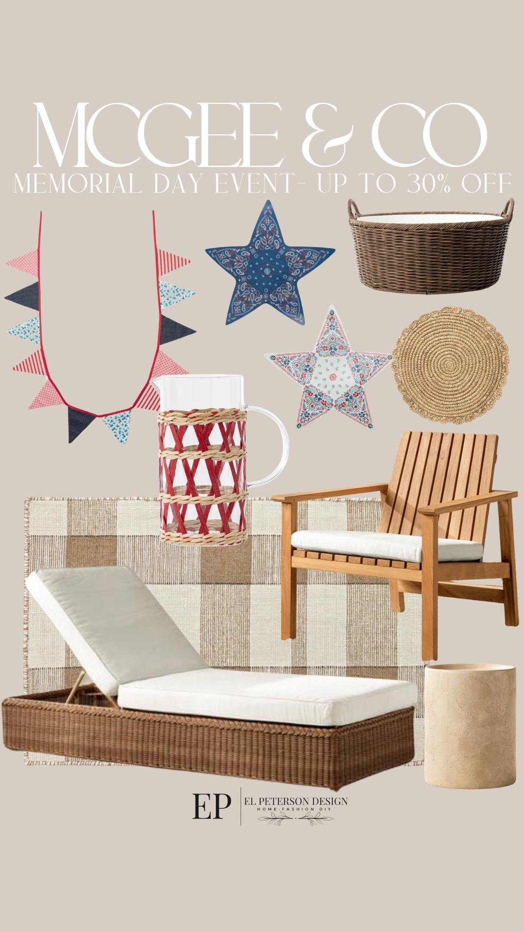 Mcgee & Co
Memorial Day Event-Up to 30% off 
Placemat 
Ice bucket holder
Outdoor chair
Outdoor rug
Pitcher
Banner
Chaise lounger 
Side table

#LTKSaleAlert #LTKHome