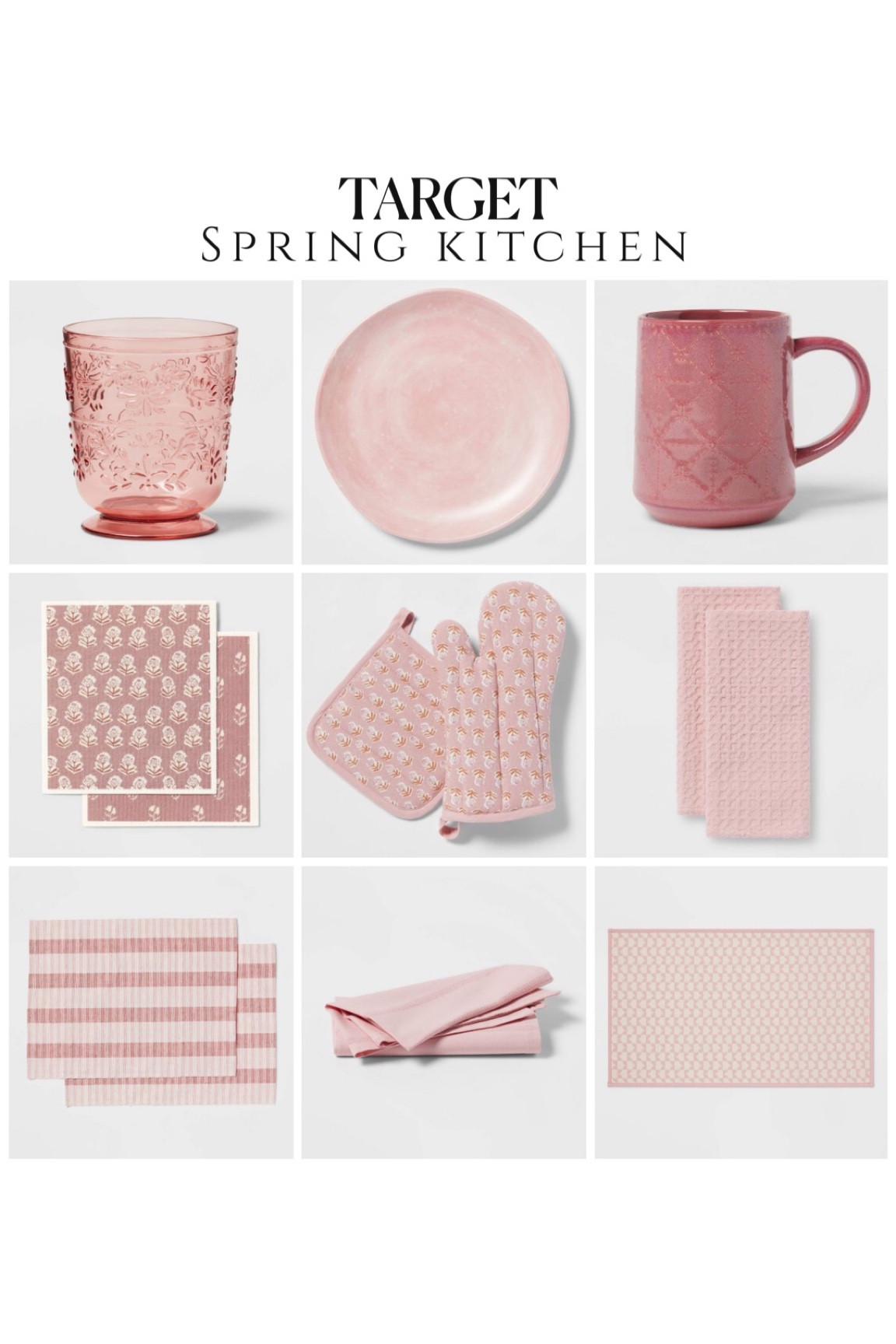 Target kitchen finds, spring refresh, pink kitchen accessories, pink oven mitt, pink towels, pink dish towels, placemats blush napkins, kitchen mat target threshold studio McGee home decor melamine plates 

#LTKhome #LTKunder50 #LTKsalealert