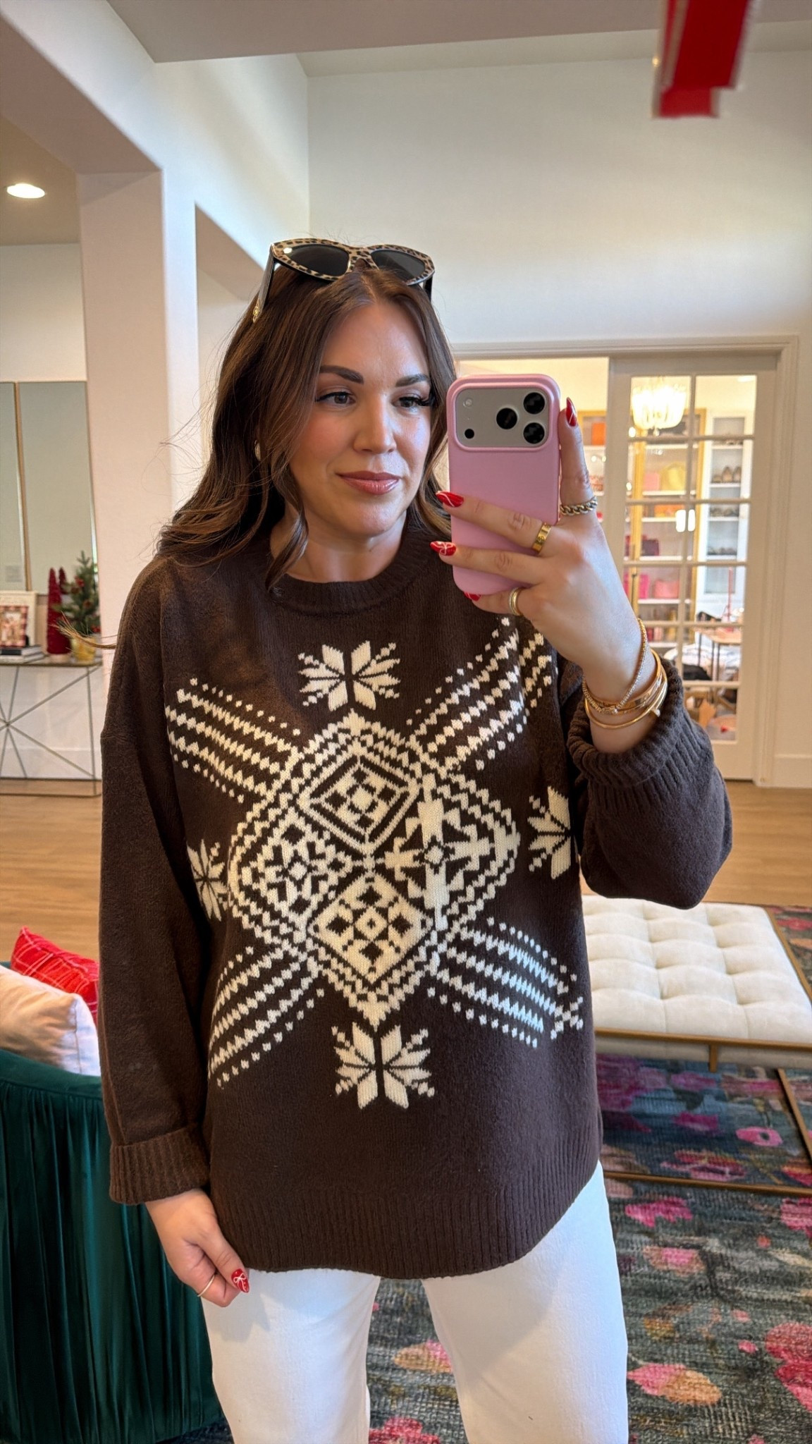 curvy midsize chocolate brown and white winter look! wearing size large in brown fairisle sweater, size large in brown wool coat, and size 30 white denim 

#LTKFindsUnder100 #LTKMidsize #LTKSeasonal