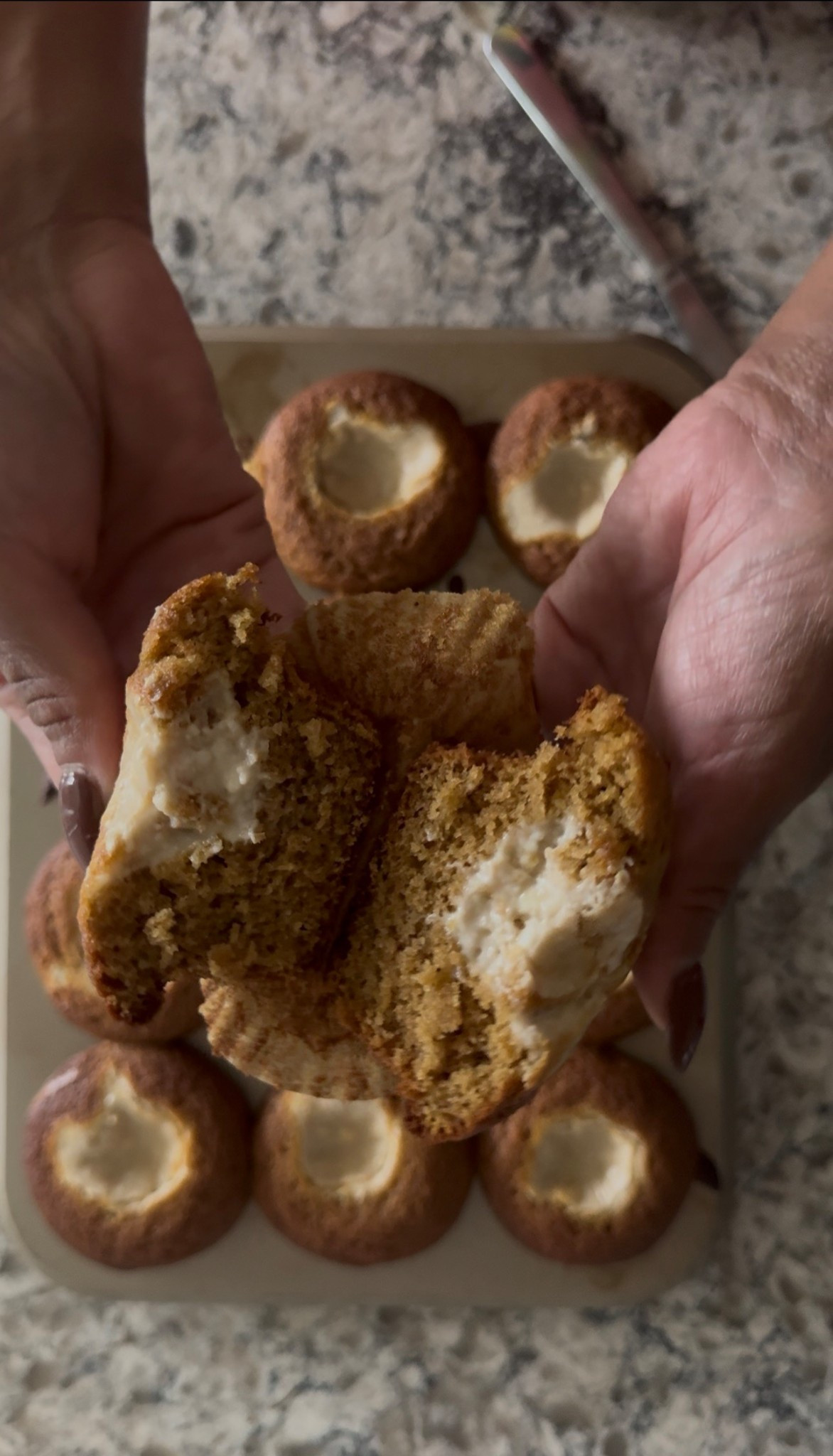 Ingredients (makes ~12 muffins)
Muffin batter
* Great Value pumpkin butter — 1½ cups (1 jar)
* ½ cup (packed) light brown sugar
* ½ cup + 2 Tbsp granulated sugar
* 2 large eggs, at room temperature
* ½ cup vegetable oil
* 1 tsp pure vanilla extract
* 2 cups all-purpose flour
* 1½ tsp pumpkin pie spice
* 1 tsp baking powder
* ¾ tsp baking soda
* ½ tsp salt
* ⅓ cup whole milk (room temperature)
Cream cheese filling
* 8 oz cream cheese, softened 
* 2½ Tbsp granulated sugar
* 1 tsp all-purpose flour
* ½ tsp pure vanilla extract
* 2 tsp whole milk

Instructions
1. Preheat and prepare pans. Preheat your oven to 425 °F (220 °C). Line a standard 12-cup muffin pan with paper liners.
2. Make the muffin batter.
    * In a large bowl, whisk together the pumpkin butter, brown sugar, and granulated sugar until smooth and glossy.
    * Add the eggs, oil, and vanilla; whisk until well combined.
    * In another bowl, whisk together the flour, pumpkin pie spice, cinnamon, baking powder, baking soda, and salt.
    * Add the dry ingredients to the pumpkin mixture, and begin folding. Before fully incorporated, add the milk, and fold gently until just combined. Some lumps are fine; avoid overmixing.
3. Let the batter rest for about 30 minutes to hydrate and help rise. 
4. Make the cream cheese filling.
    * In a small bowl, beat together the softened cream cheese, sugar, flour, and vanilla until smooth.
    * Add the milk and mix until the filling is smooth and creamy.
5. Fill the muffins.
    * Divide the muffin batter evenly among the 12 liners, filling each up to the rim.
    * Add a dollop of the mixture on top of each muffin
6. Bake.
    * Bake initially at 425 °F for 5 minutes.
    * Then reduce oven temperature to 350 °F and bake for another 12 minutes, or until the muffin tops are set, and a toothpick inserted (away from the cream cheese) comes out clean or with just a few moist crumbs.
7. Cool.
    * Let the muffins rest in the pan for about 5 minutes, then transfer them to a wire rack to finish cooling.