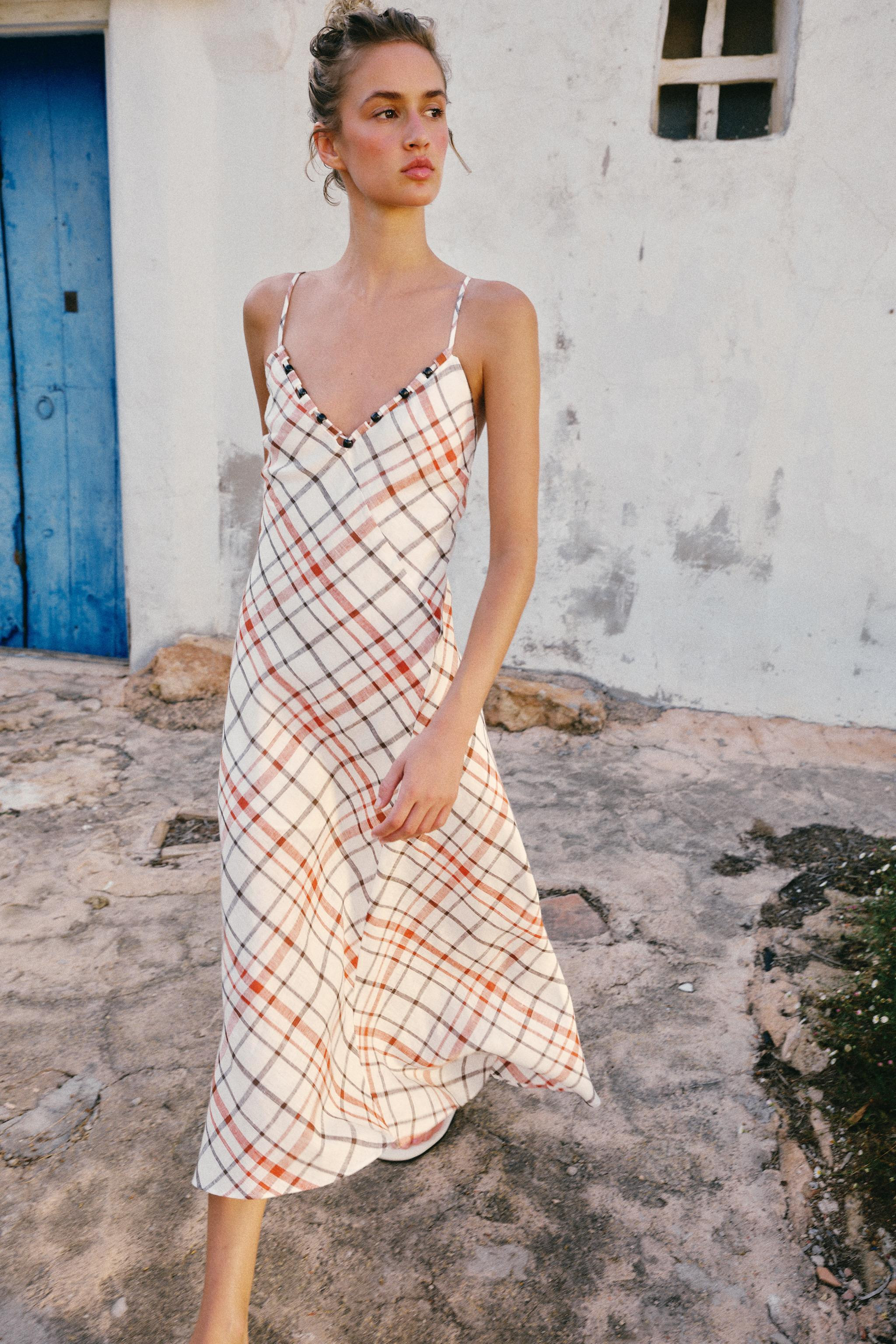 PLAID LINEN BLEND MIDI DRESS | Zara US